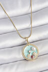 316L Çelik Gold Renk Zincir Mavi Mineli İnci Çiçek İşlemeli Zirkon Taş Detaylı Madalyon Model Kadın Kolye