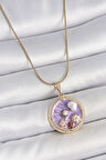 316L Çelik Gold Renk Zincir Mor Mineli İncili Çiçek İşlemeli Madalyon Model Kadın Kolye