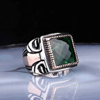 ​Gümüş Kare Fasetli Yeşil Taşlı Erkek Yüzük