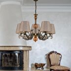 BEŞ KOLLU AHŞAPLI ESKİTME ELBE DÖKÜM ZAMAK AVİZE KAHVE ŞAPKALI