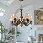 BEŞ KOLLU AHŞAPLI ESKİTME ELBE ZAMAK AVİZE BAL RENGİ CAMLI