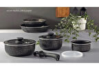 9 Parça Granit Kaplama Tencere Ve Tava Seti Tak Çıkar Saplı Iç Içe Geçebilen Pişir Sakla Siyah