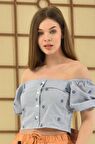 Omzu Açık Puantiyeli Mavi Kadın Crop Bluz