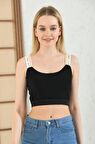 Lastik Askılı Siyah Kadın Crop Bluz