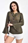 Modkofoni V Yaka Nakışlı Volen Uzun Kollu Haki Kadın Bluz