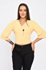 Modkofoni V Yaka Takı ve Sırt Detaylı Uzun kollu Sarı Kadın Bluz