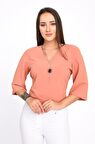Modkofoni V Yaka Takı ve Sırt Detaylı Uzun kollu Somon Kadın Bluz