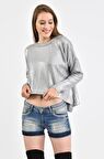 Modkofoni Bisiklet Yaka Düz Örme Kısa Gri Triko Kadın Bluz