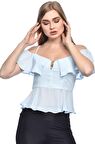 Modkofoni Askılı Düşük Kollu Volenli ve Düğmeli Kısa Buz Mavi Kadın Bluz