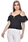 Modkofoni Askılı Düşük Kollu Volenli ve Düğmeli Kısa Siyah Kadın Bluz
