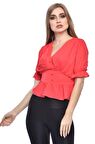 Modkofoni Kısa Kollu V Yaka ve Düğmeli Kırmızı Kadın Bluz