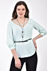 Modkofoni V Yaka Takı ve Kemerli Uzun Kollu Mint Kadın Bluz