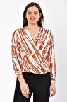 Modkofoni V Yaka Takı ve Uzun Kollu Kiremit Kruvaze Kadın Bluz