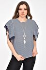 Modkofoni Bisiklet Yaka Takı ve Çizgili Kısa Kollu Lacivert Kadın Bluz