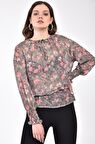 Modkofoni Uzun Kollu Belden Lastikli Çiçekli Bordo Tül Kadın Bluz