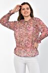 Modkofoni Uzun Kollu Belden Lastikli Çiçekli Tül Fuşya Kadın Bluz