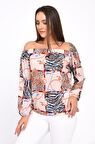 Modkofoni Uzun Kollu Omuz Detaylı Desenli Bej Kadın Bluz