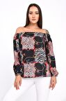 Modkofoni Uzun Kollu Omuz Detaylı Desenli Siyah Kadın Bluz