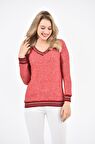 Modkofoni V Yaka Uzun Kollu Örme İnce Kırmızı Kadın Bluz
