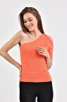 Modkofoni Yarım Kol ve Omuz Detaylı Turuncu Triko Kadın Bluz