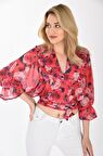 Modkofoni Kol Ağzı Fırfırlı V Dekolte Belden Bağlamalı Kırmızı Şifon Kadın Bluz