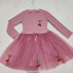 Lenaca 5-6-7 Yaş Kiraz Desenli Kurdela Kuşaklı Astarlı Uzun Kollu Kız Çocuk Tütü Elbise