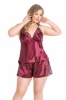Büyük Beden Bordo Saten Babydoll Şort Takımı