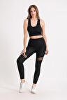 Kadın Siyah Tayt Yüksek Bel Toparlayıcı Sıkılaştırıcı Tül Detaylı