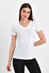 Basic V Yaka Arkası Uzun Spor Fit Beyaz Kadın T-shirt