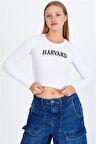 0 Yaka Harvard Baskı Kadın Crop Badı