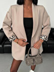 Kruvaze Yaka Astarı Leopar Desen Oversize Kadın Blazer Ceket