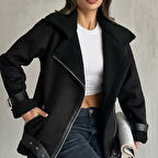 Kemerli Süet Biker Kadın Mont