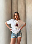 0 Yaka Ayıcık Nakışlı Kadın Oversize T-Shirt