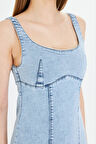 Askılı Arkası Yırtmaç Kadın Jean Elbise