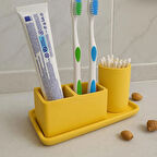 3 Parça Beton Banyo Seti – Diş Fırçalık, Kulak Çubuğu Kutusu ve 15x10 cm Tepsi | Minimalist Tasarım