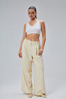 Ekru Salaş Kesim Pileli Kumaş Pantolon