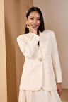 Ekru Salaş Kesim Düğme Detaylı Dokuma Blazer Ceket
