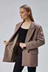 Toprak Rengi Oversize Kruvaze Yaka Astarlı Blazer Ceket