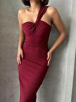 Bordo Tek Omuz Detaylı Krinkil Kumaş Astarlı Kadın Elbise