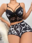 Kadın Leopar Dantel Detaylı Şortlu Gecelik Pijama Takımı 5055