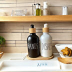 Brokoli Home 2 Adet  Siyah Beyaz Dekoratif Mutfak Banyo Sıvı Cam Sabunluk Seti  Bambu Stantlı Set