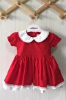 Bebe Yaka Dantel Detaylı Kırmızı Poplin Kız Çocuk Bebek Bayram Özel Gün Elbise