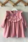 Fırfır ve Kurdele Detaylı Tasarım Krep Pudra Pembe Kız Çocuk Bebek Elbise