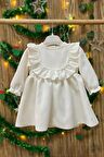 Fırfır Detaylı Vintage Krep Tasarım Kız Çocuk Bebek Kırık Beyaz Mevlüt Doğum Günü Elbise