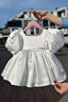 Balon İnci Kol Kız Çocuk Bebek Saten Kırık Beyaz Abiye Gelinlik Elbise