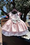 Saten İnci Süslemeli Kız Çocuk Bebek Abiye Pudra Pembe Elbise