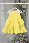 Dantel Yaka Şile Bezi Kız Çocuk Bebek Sarı Pamuklu Elbise
