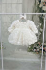 Güllü Uzun Kollu Balon Etek Kız Çocuk Yaka Beyaz Abiye Mevlüt Elbise