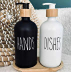 2’li Hands Dishes Siyah Beyaz Dekoratif Mutfak Banyo Sıvı Cam Sabunluk Seti 500ml Bambu Stantlı Set