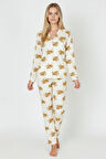 Luxury Soft Ekru Ayıcık Desenli Uzun Kollu Kadın Pijama Takımı – 3041